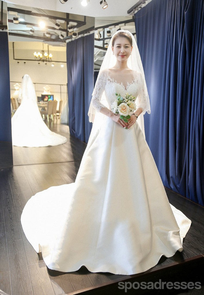 Dresses de mariage de dentelle de longue manche, robe de mariage longue durée personnalisée, robes de mariage bon marché, WD202