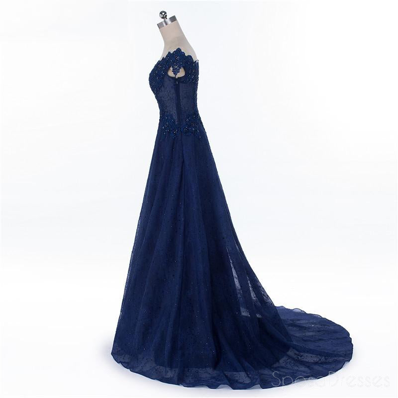 Cap Sleepe Navy Blue See Through A line Lace Beaded Long Evening Prom Dresses, Popular Cheap Long 2018 Party Prom Dresses, 17229