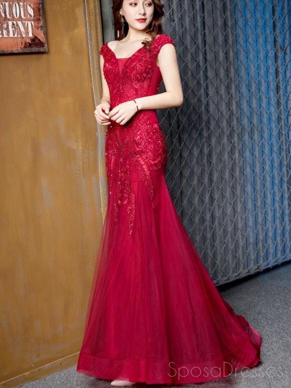 Cap Sleeves Red Lace Beaded Mermaid Cheap Long Evening Prom Dresses, Evening Party Prom Dresses, 18644