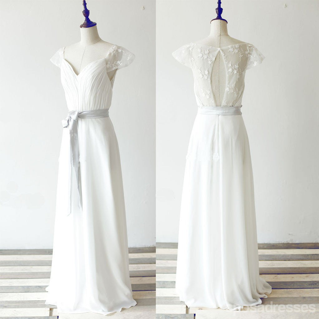 Simples Longo de Uma linha-de Casamento Branco de Chiffon Vestidos de Festa, Manga Lace Vestido de Noiva, WD0062