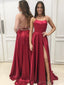 Sexy Simple Design Backless Slit Red Long Custom Evening Prom Dresses, 17399