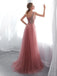 Dusty Pink V Neck côté Neck Beaded Long Evening Prom Dresses, Cheap Custom Sweet 16 Dresses, 18519