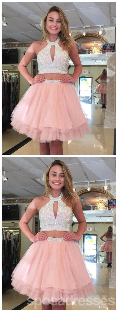 Χαριτωμένο Halter Δύο Κομμάτι διακοσμημένο με Χάντρες Μικρή Ροζ Φορέματα Homecoming 2018, CM488
