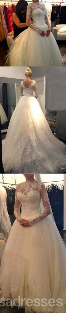 Ilusão de manga longa vestidos de casamento de tule de cadarço brancos, vestido de noiva V-traseiro de vantagem barato, WD0007
