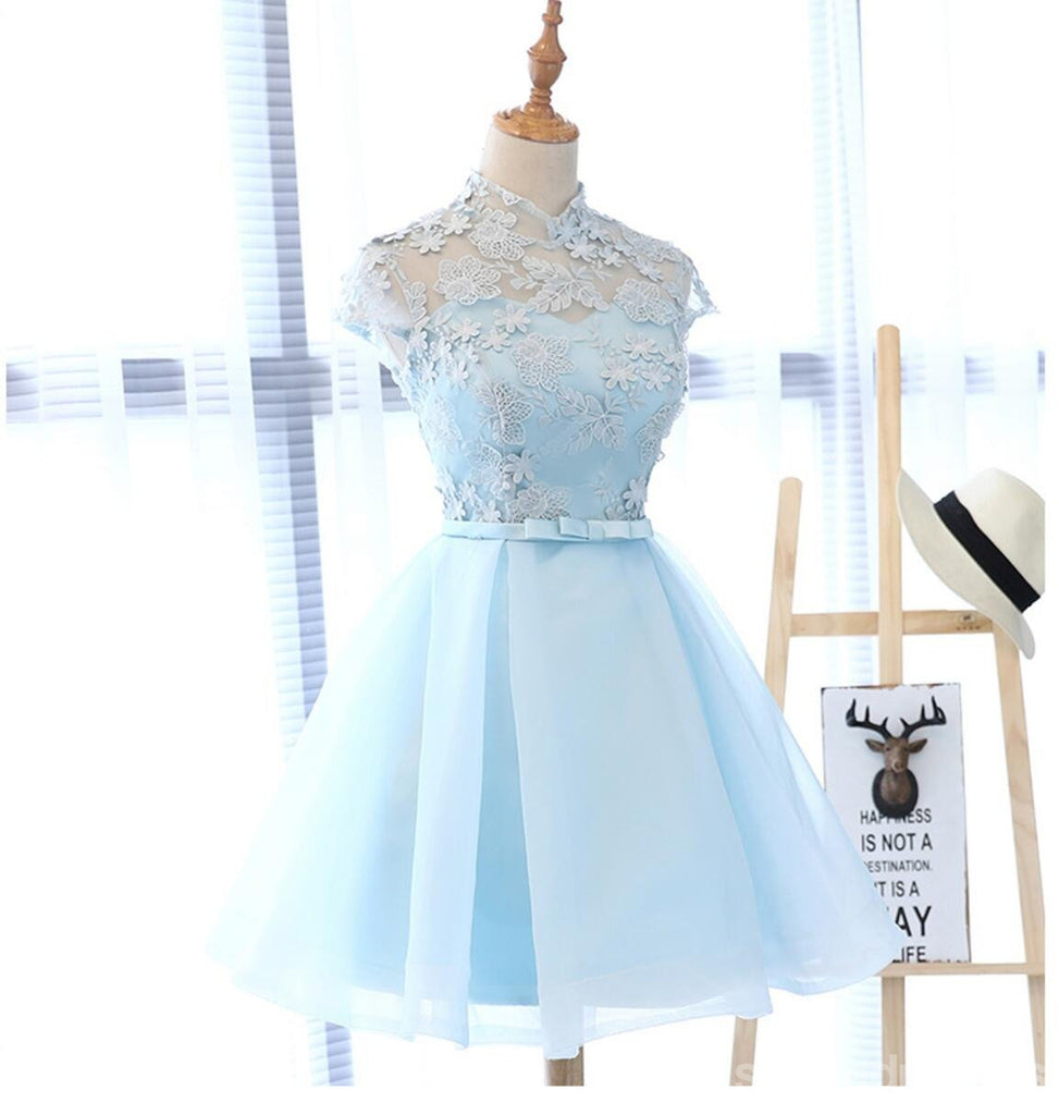 Alto decote vestidos de baile para os estudantes de regresso para casa atraentes azul-claros, 16 vestidos doces disponíveis, CM331