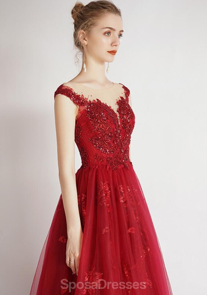 Το Cap Sleeves Red Beaded Sequin A-line Long Evening Prom Φορέματα, Evening Party Prom Φορέματα, 12326