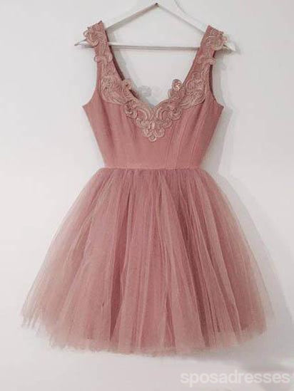 Dusty Pink V Neck Lace baratos curtos regresso a casa vestidos online, CM594