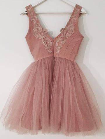 Dusty Pink V Neck Lace baratos curtos regresso a casa vestidos online, CM594