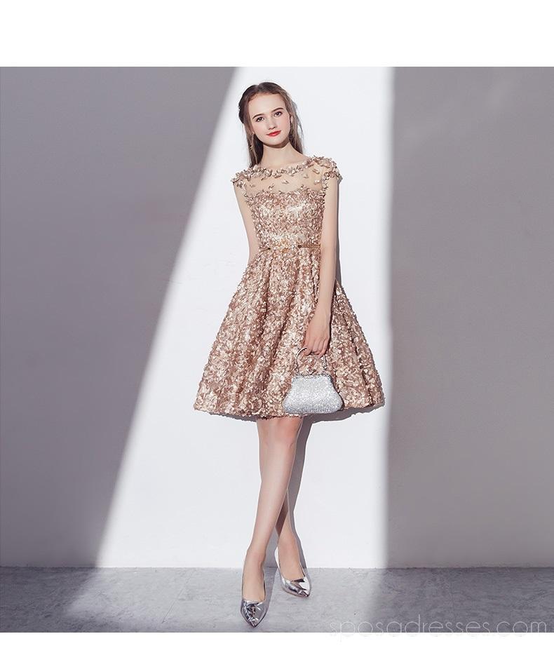 Cap Sleeves See Through Gold Lace Cheap Homecoming Dresses Online, Baratos Vestidos curtos de baile, CM789