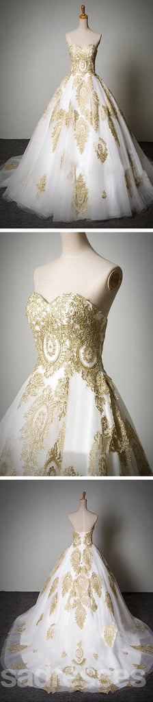 Cadarço de ouro de namorado clássico popular barato vestidos de festa de casamento de tule brancos, WD0071