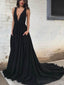 Απλό Μαύρο Backless Σιφόν Βαθύ Β-Λαιμός Μια γραμμή Μακρύ Έθιμο Φορέματα Prom Βραδιού, 17404