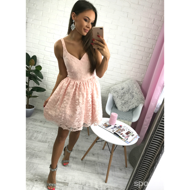 Kurz Günstige Einfache V Neck Blush Pink Lace Homecoming Kleider 2018, CM518