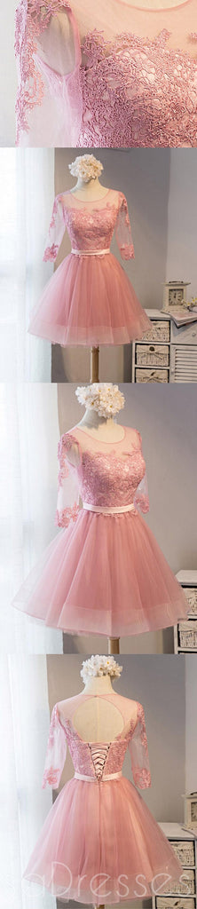 Μακρύ Μανίκι με Ροζ Δαντέλα Short Homecoming Prom Φορέματα, Οικονομικά Σύντομο Κόμμα Χορό Γλυκό 16 Φορέματα, Τέλεια Homecoming Φορέματα Κοκτέιλ, CM371
