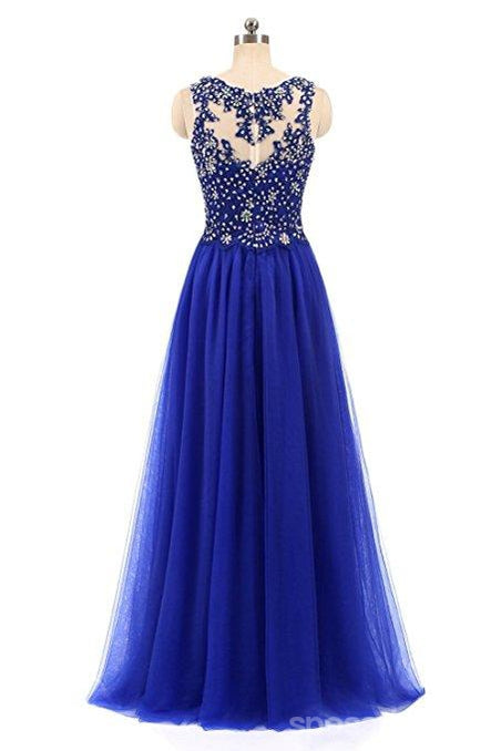 Royal Blue Lace Beaded See durch Chiffon Long Evening Prom Dresses, 17530