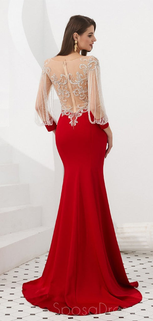 Mangas compridas vermelhas ver através de volta frisada sereia vestidos de baile, vestidos de festa à noite, 12082