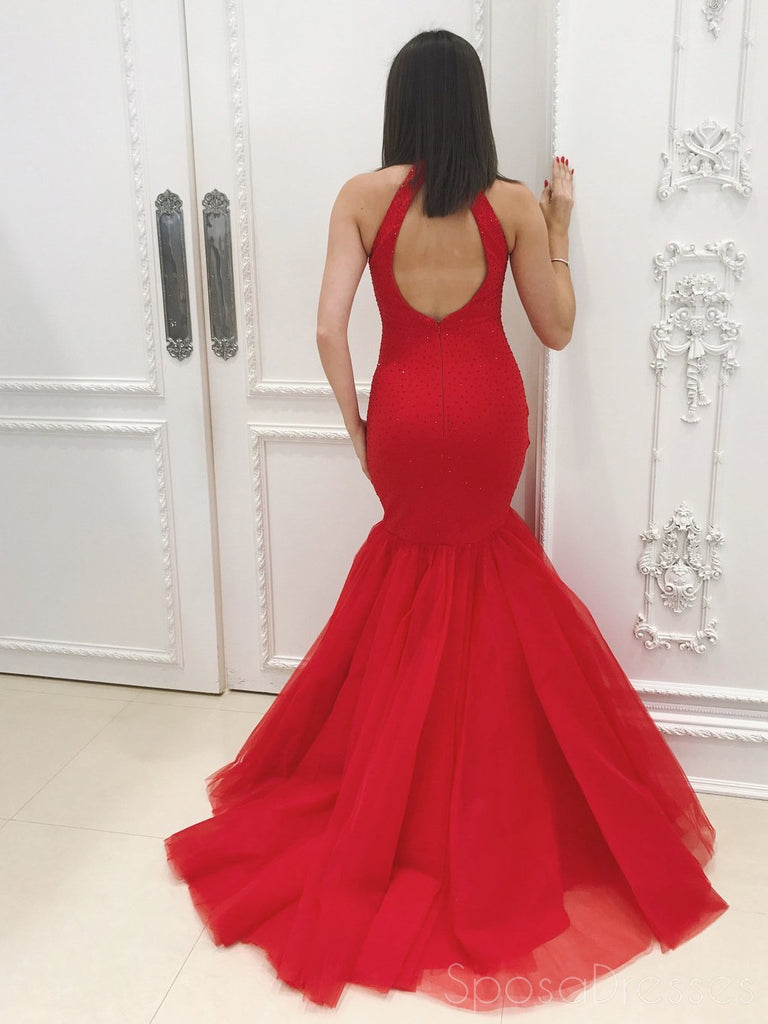 Sexy Open Back Red Heavliy Beaded Γοργόνα Tulle Evening Prom Dresses, 17541