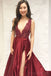 Dark Red Sexy V Neck Side Slit A-line Cheap Evening Prom Dresses, 17498