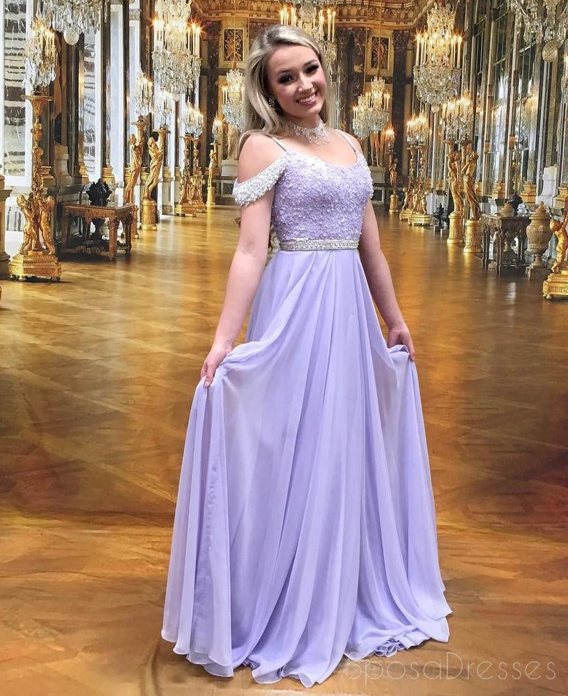 Lilac Off Shoulder Chiffon Lace Beaded Long Evening Prom Dress, 17521