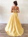 Simple jaune fente latérale A-ligne bretelles spaghetti longues robes de bal de soirée, robes de bal de soirée, 12195