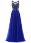 Royal Blue Lace Beaded See Through Σιφόν Long Βραδινά Prom Φορέματα, 17530