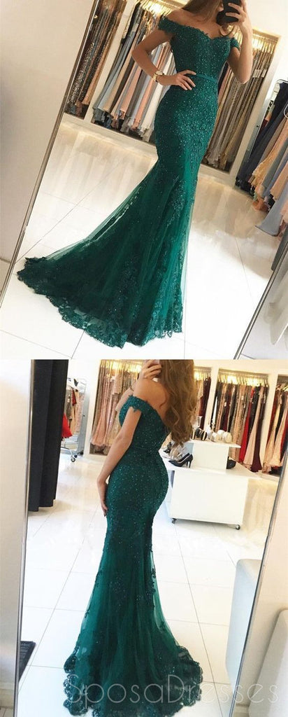 Sexy Off Shoulder Emerald Green Lace Beaded Mermaid Long Evening Prom Dresses, Popular Φθηνό Long Cunds Party Prom Dresses, 17328