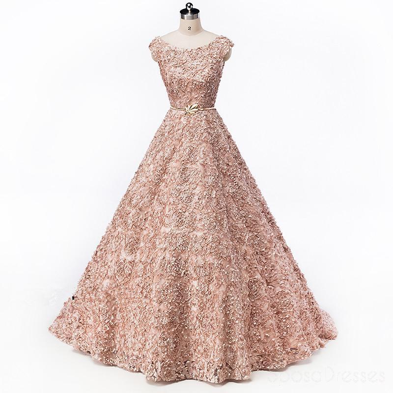 Cap Sleeves Soop Rose Gold Lace Long Evening Prom Dresses, Cheap Party Prom Dresses, 18612