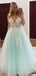 Veja Através de V Neck Mint Lace Applique Long Evening Prom Dresses, Cheap Sweet 16 Vestidos, 18424