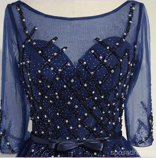 Sexy See through Long Sleeve Navy Lace Beaded Long Evening Prom Dress, Beliebt Cheap Long 2018 Party Prom Dresses, 17231