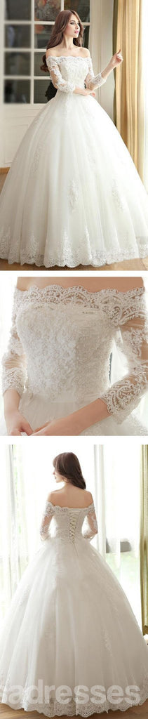 Vantage Off Shoulder Long Sleeve White Lake Wedding Dresses, Lake Up Bridal Gown, WD0009