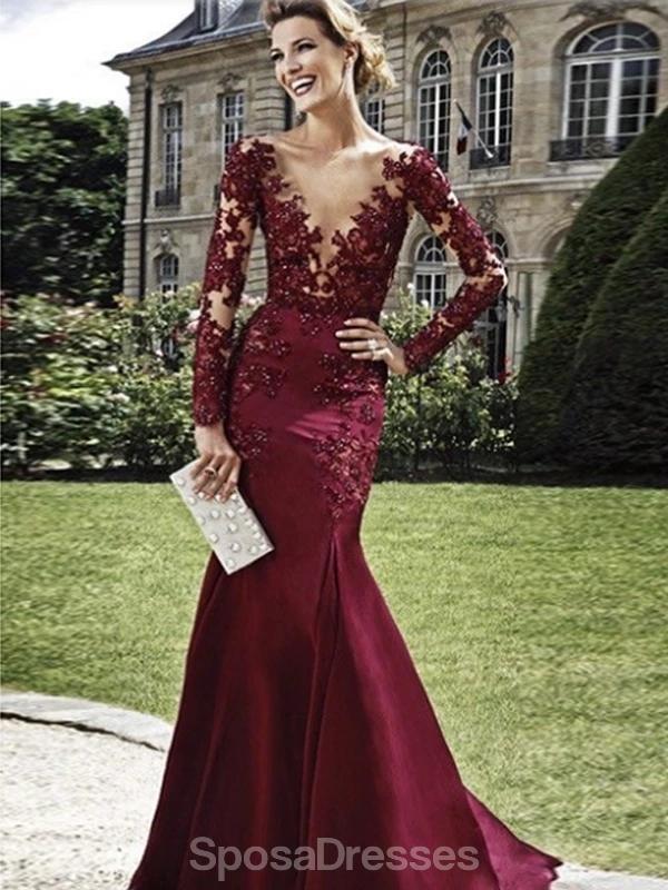 Maroon Manches longues Scoop Neck Lace Mermaid Long Evening Prom Robes, Soirée Party Prom Robes, 12201