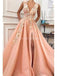 Ροδάκινο πλαϊνή σχισμή Απλικέ με χάντρες μακριά βραδινά φορέματα, βραδινά φορέματα, 12222