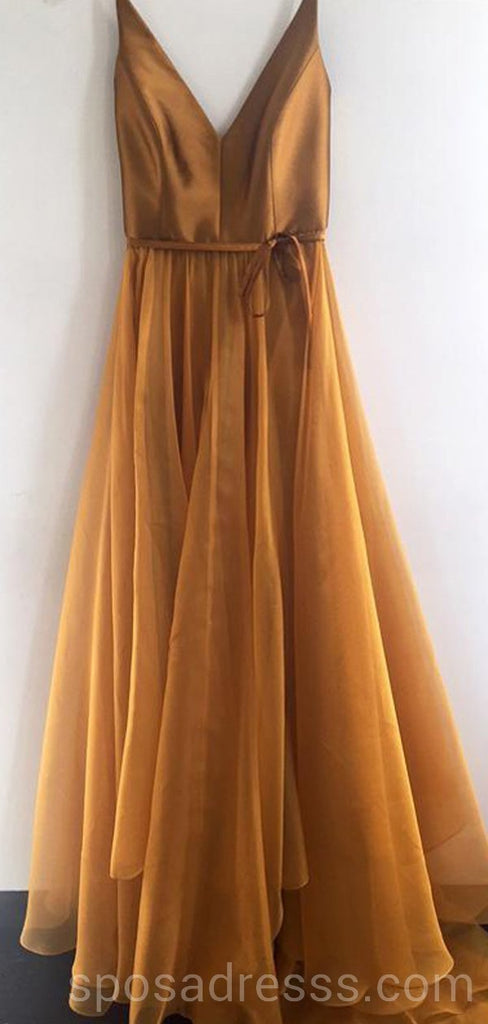 Einfache V-Ausschnitt Gold A-Linie lange Abend Prom Kleider, billige benutzerdefinierte Sweet 16 Kleider, 18565