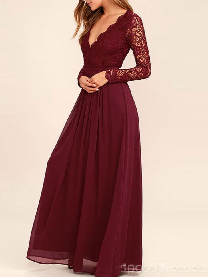 Φτηνές Σκούρο Κόκκινο Μακρύ Μανίκι Δαντελλών Συνήθειας Καιρό Παράνυμφος Φορέματα, BD0250