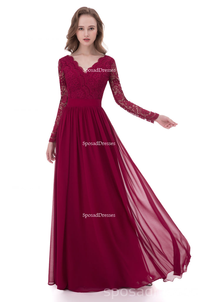 Cadarço de manga longo vestidos de dama de honra longos alfandegários vermelho-escuros, gaze única barata vestido de dama de honra longo, BD116