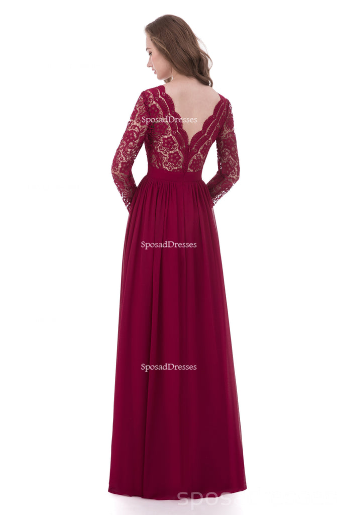 Long Sleeve Lace Dark Red Custom Long Bridesmaid Dresses, BD116