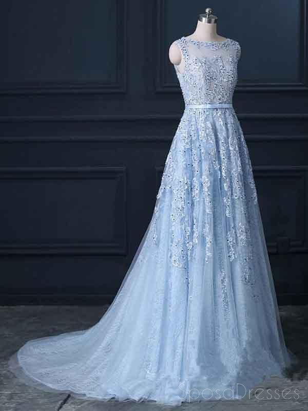 Sexy Blue Lace Beaded Illusion A-line Long Evening Prom Kleider, 17664