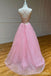 Sparkly Pink A-line Spaghetti Straps V-neck Backless Long Prom Dresses Online,12727