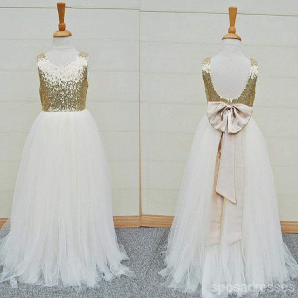Ouro Sequin Top de Tule Branco Bonito da Menina Flor Vestidos Para Festa de Casamento, FG002
