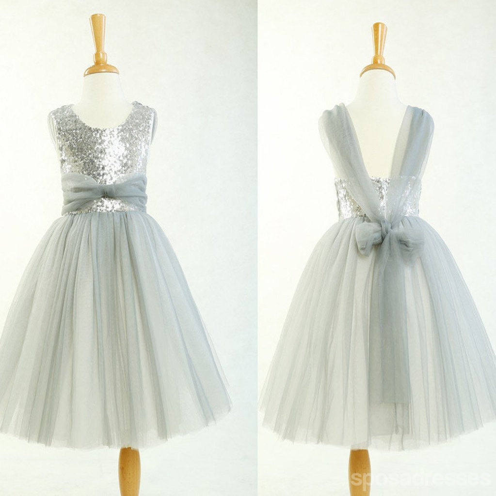 Round Neck Silver Sequin Tulle Pretty Little Girl Dresses para a festa de casamento, Flower Girl Dresses, FG003