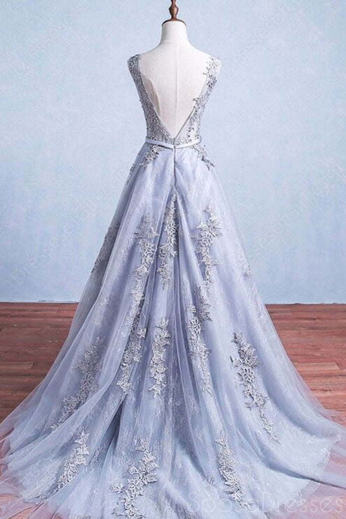 Lacet bleu dos nu sexy A-ligne d'illusion perlée longues robes de bal d'étudiants du soir, 17664