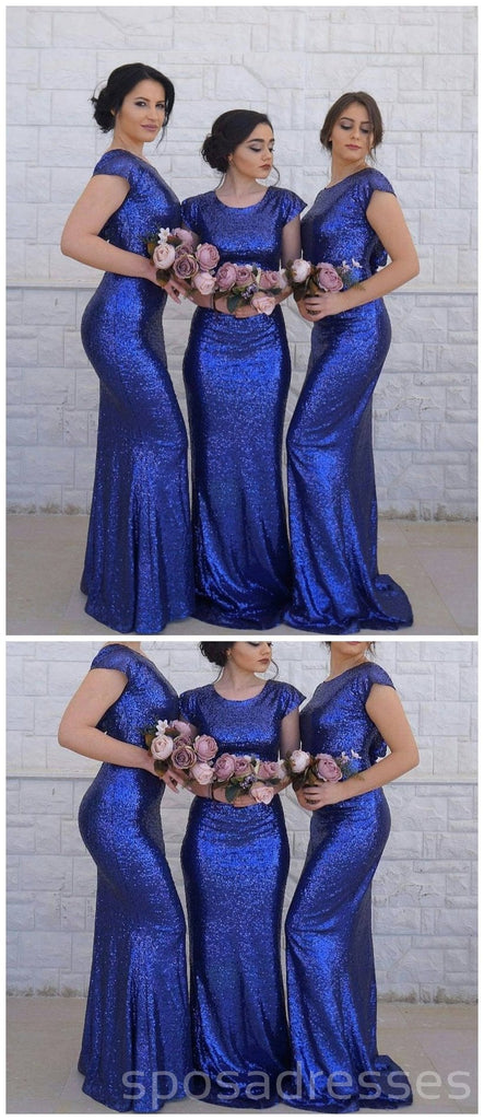 Manches courtes Royal Blue Mermaid Cheap Long Bridesmaid en ligne, WG252