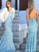 Sexy Backless Light Blue Mermaid Long Evening Prom Robes, Robes de bal soirée, 12167