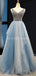 Robes de bal de soirée bleues à volants uniques à col en V, robes de soirée, 12229