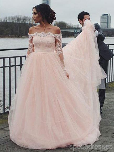 Fora do ombro Long Sleeve Pink A-line Vestidos de noiva Online, WD344