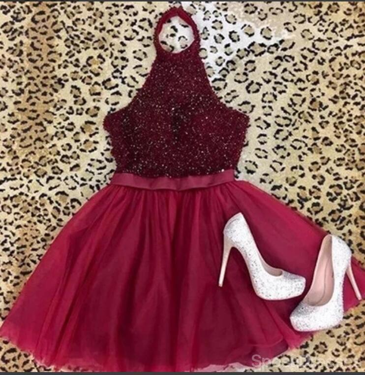 Halter Σκούρο Κόκκινο Τούλι Κοντά Φτηνά Homecoming Φορέματα Online, CM834