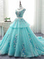 Scoop Cap manches Tiffany Blue Lace longues robes de bal de soirée, pas cher personnalisé Sweet 16 robes, 18522