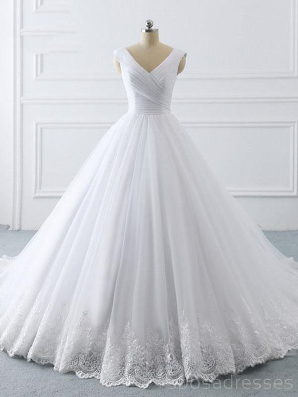 Λευκό V λαιμό Tulle Φτηνές Γάμο Φορέματα σε απευθείας σύνδεση, Φτηνές A-line νυφικό φορέματα, WD464