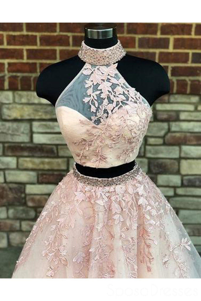 Sexy Two Pieces Halter Lace A line Long Evening Prom Dresses, Popular Cheap Long 2018 Party Prom Dresses, 17281
