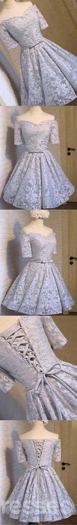 Κοντά μανίκια με γκρι δαντέλα Χαριτωμένα φορέματα Prom Homecoming, Προσιτά φορέματα με κοντό πάρτι Prom, Τέλεια φορέματα Homecoming, CM304