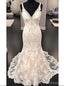 Sexy Backless V Neck Lace Mermaid vestidos de casamento on-line, vestidos de noiva baratos, WD636